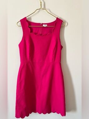J. Crew Factory Hot Pink Scalloped Neck-Hem Sheath Midi Dress 100% Cotton Sz 8